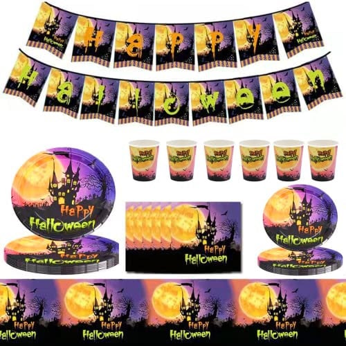 85Pcs Halloween Party Tableware Set 16 Guests,Halloween Disposable Dinnerware Set Tableware Decor, Banner,Plastic Tablecloth,Napkins,Paper Plates and Cups for HalloweenParty Supplies Tableware Decor