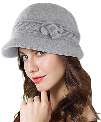 Adigaber Brim Cap Angoramütze Damen mit Fleece gefüttert Thermal Wintermütze Gestrickte Baskenmütze Häkelmode Strickmütze mit Schirm