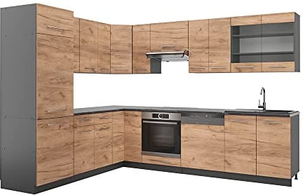 Vicco Eckküche Fame-Line, Goldkraft Eiche/Anthrazit, 227 x 287 cm ohne Arbeitsplatte