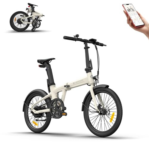 Vélo électrique Pliant ADO, 20 Pouces, Léger 17.5 kg, avec Batterie 9,6 Ah/36 V, avec Entraînement par Courroie, Capteur de Couple, Applications Intelligentes, Portée de 70 à 100 km (Blanc)