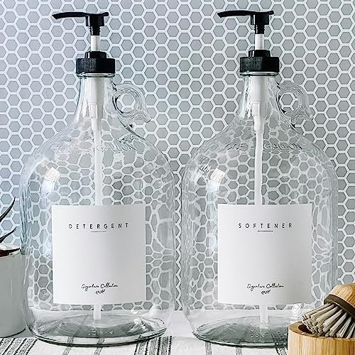Laundry Jugs - Two 1 Gallon Glass Jugs, Liquid Laundry Soap or Bleach Dispenser, 128 oz - Black Liquid Pump, Includes 4 Labels