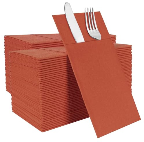 Lylllwly Terracotta Paper Napkins Disposable, Dinner Napkins with Built-in Flatware Pocket, Prefolded for Knives and forks Linen-Feel Hand Napkins for Parties, Weddings, Events, 100 Pack