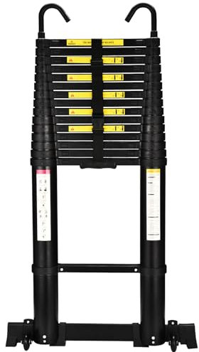 Escalera telescópica de 6.3 m con Ganchos y pies Antideslizantes, Escalera Plegable de Aluminio Ligero para altillos, Casas rodantes, Exteriores e Interiores, Capacidad de Carga de 150kg.Negro