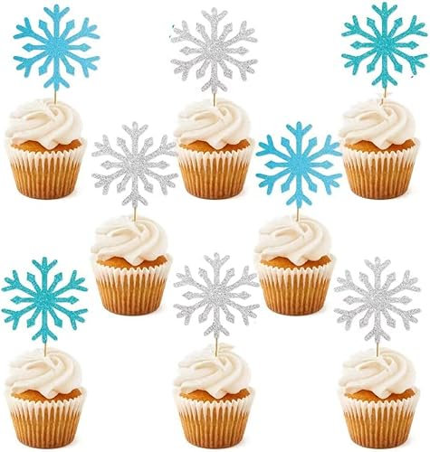 ALINK 50 Stücke Schneeflocke Tortendeko,Muffin Deko,Geburtstag Cupcake Toppers Set,Kuchen Dekoration Cake Topper für Kinder