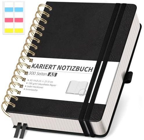 RETTACY Notizbuch A5 kariert, Bullet Journal mit 100 g/m² Dickem Papier, 150 Blatt, Collegeblock für Büro und Schule, Lederhülle, Schwarz, 14.8 cm x 21 cm