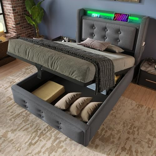 Merax Einzelbett Polsterbett 90x200cm, Hydraulisch Funktionsbett mit Großer Stauraum, LED Gepolstertes Kopfteil mit Ladefunktion, Jugendbett Bettgestell mit Lattenrost, Baumwolle, Ohne Matratze, Grau