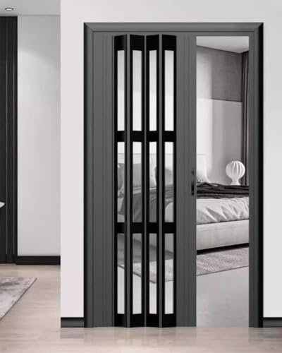 Concertina Door PVC Internal Folding Door, Doorway Sliding Door for Bedroom Hallway, Room Divider Foldable Gate Partition, Pantry Closet Entry Accordion Doors Screen(Black,34x80in (86.5x203cm))