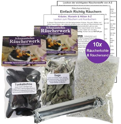 MyTobaQ 6-Tlg Räucherset Tonkabohnen & weißer Salbei zum Räuchern 2 x 60ml Räucherwerk für Hausreinigung & Rauhnächte inkl. Räucherkohle + Zubehör. 81890-26