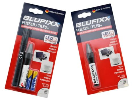 BLUFIXX-Pro Bundle Fliesen Weiß - PRO-EDITION 2024 - Reparaturstift für Fliesen, Granit und Marmor, Repariert Bohrlöcher, Risse und abgeplatzte Kanten, Lichthärtendes Gel mit LED Licht
