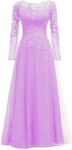 HUINI Tüll Abendkleider Spitze Ballkleider Lang A-Linie Brautjungfernkleider Brautkleid Vintage Festkleid Langarm Helles Flieder 46
