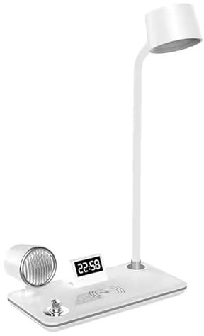 Suprills 4 in 1 Wireless iPhone Charger LED Desk lamp,Bedside Table Lamp with Bluetooth Speaker for Music & Clock Alarm, Touch Control, Adjustable Gooseneck, Dimmable Eye-Caring LED Light (White)