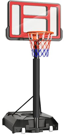 Panier de Basket Extérieur Métallique, Panier Basket Réglable avec Base Solide, Paniers de Basket-Ball à Double Roues, Convient à Tous Les Âges(Red,125-310cm)