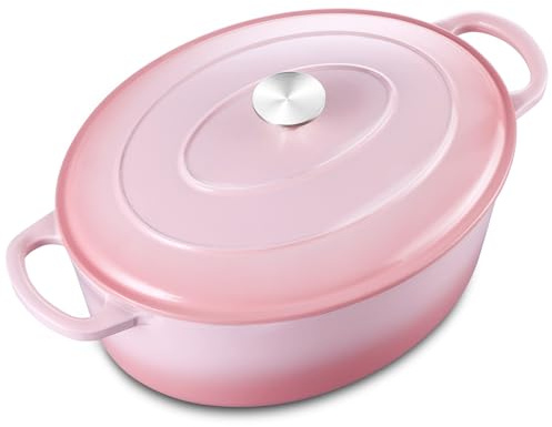 5QT Ovaler Dutch Oven Topf mit Deckel, Leonyo 5 Quart emaillierter ovaler Gusseisen-Dutch Oven zum Sauerteigbrot Brechen, robustes Kochgeschirr zum Schmoren, Eintöpfe, Braten, Rosa
