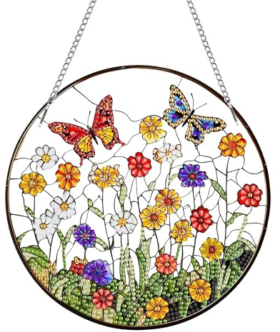 MOMAKA Blume Diamond Painting Fensterbilder, Diamond Painting Anhänger, Diamond PaintingSchmetterling, Diamant Painting mit Kette, Wandbehang Kits für Fenster Wand Eingang Garten Decor 20x20cm