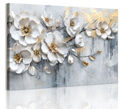 WENGTIAO Groß Leinwand Bilder XXL Weiße Pfingstrosen Blumen Wandbilder | Aesthetic Weiß Geblümt Gemälde auf Leinwand Gerahmt für Modern Wohnzimmer Schlafzimmer Wanddeko 120x80 cm
