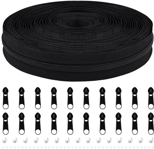 Endlos Reissverschluss mit Zipper, 5mm 9m Nylon Endlosreißverschluss Meterware und 20 Zipper aus Metall für Kleidung Tasche Mäppchen Bettwäsche (Schwarz, #5)