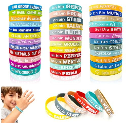 Tmefoy 36 Stück Motivationsarmbänder Kinder, Motivationsarmbänder für Kinder mit Positiven Sprüchen, Silikon Armbänder für Einschulung & Teens