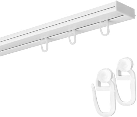 Fenster DEKOR Gardinenschiene 1-läufig – PVC Vorhangschiene zur Deckenmontage, Deckenschiene für Vorhänge, Weiß, mit Haken mit Rolle, 130 cm
