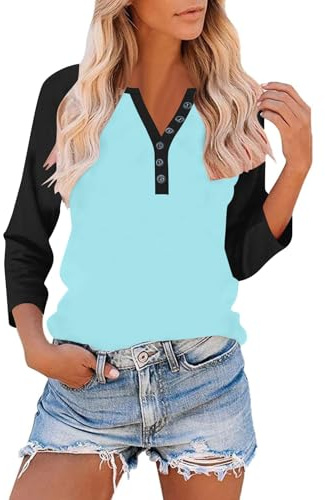 3/4 Sleeve T-Shirts for Women UK Elegant Button Henley V Neck Raglan Shirts Three Quarter Sleeve Casual Color Block Summer Plain Work Office Tunic Tops Basic Outfits 2026 Ladies Blouses