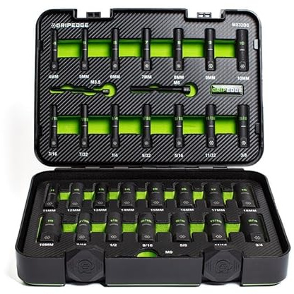 GripEdge | 32-PC 1/4 & 3/8 Drive Deep Metric & SAE Master Socket Extractor Set| Includes Sizes - 4-19mm & 3/16-3/4 | Includes Premium Plastic Case with Foam Insert |