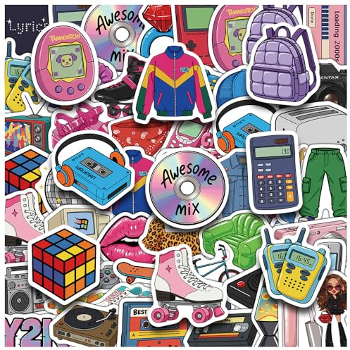 50 Stück Y2K Ästhetische Aufkleber, 2000er-Jahre Nostalgie Vinyl Sticker, Wasserdicht Retro Aufkleber für Wasserflasche, Laptop, Skateboard, Handyhülle