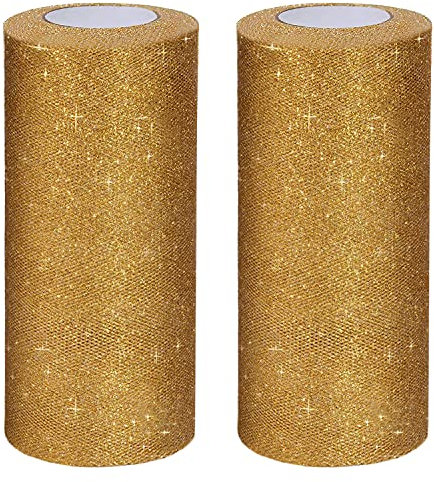 Handi Stitch 2 Stk Tüll Stoff Rolle - 15 cm x 23 m - Goldenes Glitzer Tüll für Tutu-Rock, Basteln, Geschenk Schleife, Goldenes Tischband, Stuhlbänder Hochzeit, Dekostoff Hochzeit & Geburtstagsparty