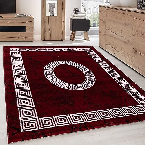 Carpettex Teppich Wohnzimmer Kurzflor 200 x 290 cm Rot Modern Mäander-Design -Teppich Schlafzimmer Flauschig Extra Weich Waschbar Küchenteppich Teppich Esszimmer Kinderzimmer Wohnzimmerteppich