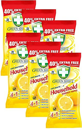 Green Shield Household Surface Wipes, Antibacterial & Antiviral, Lemon Scent, 70 Count Pack of 24, Total 1680 Wipes, Green, Rectangular, Full Sealed Boxes