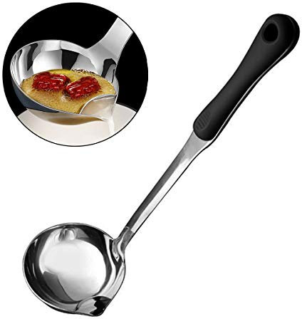 Stainless Steel Soup Ladle,Soup Fat Oil Separator Ladle with Heat Insulation Anti-scalding Plastic Handle,Oil Filter Skimmer Spoon Soup Colander for Kitchen