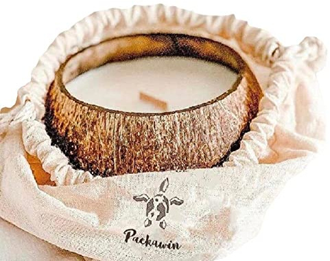 PACKAWIN | Vela Ecológica Vegana de Coco | Hecha a Mano con Mecha de Madera | Compuesta de Cera Natural de Soja en la Cáscara de Coco. 45 Horas de Duración (300 g)