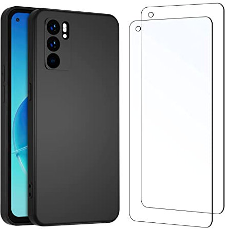 NEW'C Coque pour Oppo Reno 6 5G, Silicone Ultra Fine Noir et 2 × Verre trempé pour Oppo Reno 6 5G Film Protection écran