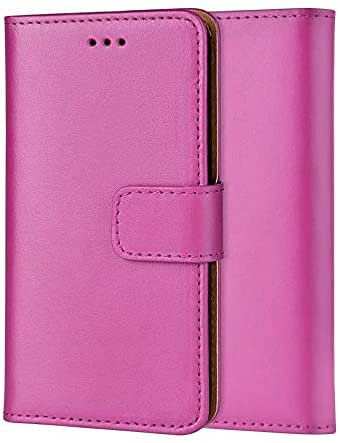 Genuine Leather Bookcase for iPhone 13 Mini, Premium authentic Genuine Leather Wallet case with Magnetic, Kickstand, Cash & Card Slots Stockproof Slim Flip bookcase cover 5.4'' (Hot Pink)