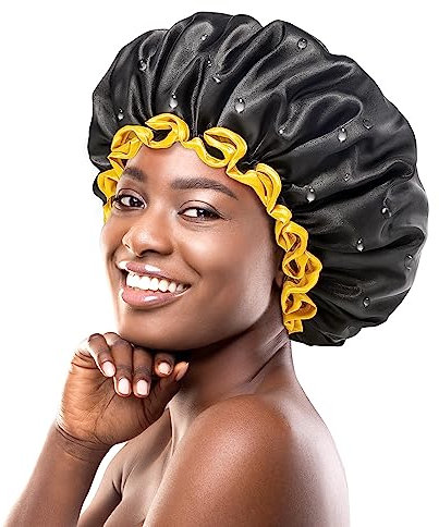 mikimini Extra Large Black Shower Cap for Women and Men, Reusable Waterproof Bath Cap for Thick Long Hair Braids, Double-Layered XL Hair Hats with Yellow Edge
