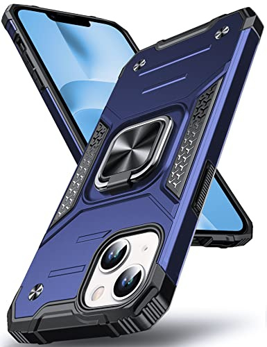 DASFOND Designed for iPhone 14 Case, Military Grade Shockproof Protective Phone Case Cover with Enhanced Metal Ring Kickstand [Support Magnet Mount] for iPhone 14 6.1 inch, Blue