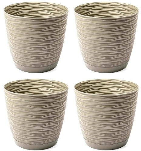 AC - Pack de 4 Macetas Redondas con Plato - Diseño Wind (Ø 15 cm) - Fabricado en plástico - Ideal para jardín Exterior, terraza o balcón - Color Beige