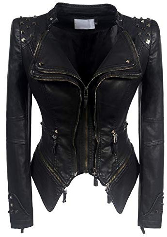 DISSA Damen Schwarz Lederjacke Kunstleder Bikerjacke mit Reißverschluss,P603,M