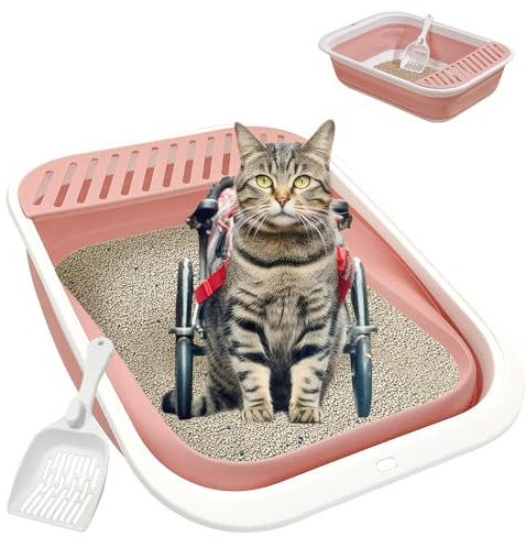 VCEPJH Large Pink Low Entry Collapsible Cat Litter Box with Scoop, Foldable Cat Toilet for Senior Older Cats, Travel Training, 20.9x15.7x5.7in