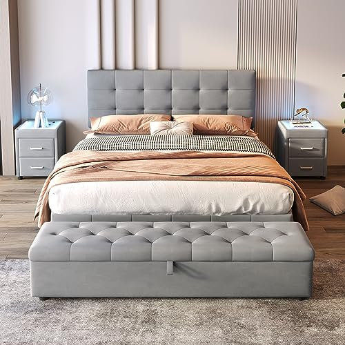 ZYLOYAL10 Komplettschlafzimmer Set, Modernes Design Doppelbett + Nachttisch + Betthocker zur Aufbewahrung und 16-Farbiger Lichtleiste, Samt, Grau,140x200cm (Ohne Matratze, 2 Nachttische)