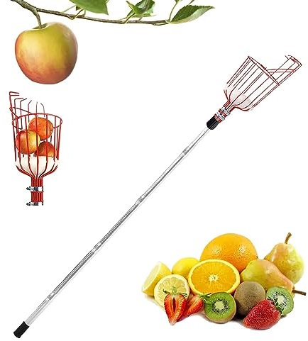 Sparklenut Obstpflücker mit Teleskopstiel, 1.6/2.8/4.2M Apfelpflücker, Kirschenpflücker, Obsternter mit Leichter Edelstahl Teleskoppfahl, Pflaumenpflücker(1.6M/Kunststoff)