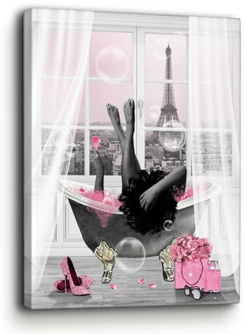 Afroamerikanische Wandkunst, schwarzes Mädchen in der Badewanne, Leinwand-Kunst, Poster, Drucke, moderne afrikanische Frauen, rosa, Badezimmer-Wanddekoration, modische Bilder, gerahmtes Kunstwerk für