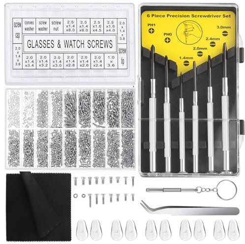 Magnetic Eyeglasses Repair Kit, Glasses Repair Kit with 1000PCS Eyeglass Screws and 6 Pcs Precision Screwdrivers Tweezer for Eyeglasses, Sunglasses, Watch Clock Spectacle Repair