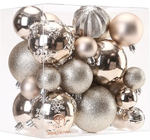 Sea Team 36-Pack Shatterproof Plastic Christmas Ball Ornaments Set, Multi-Size Christmas Baubles, Hanging Decorations for Xmas Tree, Wreath, Garland, Champagne