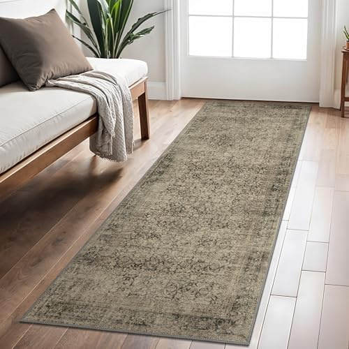 BEIMO Läufer Flur 80x300cm, Vintage Waschbarer Teppich Hellbraun | Boho Orientalisch Wohnzimmerteppich, Weicher Kurzflor Klein Carpet mit Rutschfester für Eingang, Bettvorleger Schlafzimmer