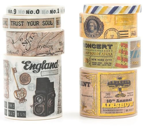 Songdao Weinlese Washi Tape Set 8 Rollen Retro Dekoratives Rauschgold Klebeband Bunt für Scrapbooking, Bullet Tagebuch, Planer, Geschenkverpackung (Retro Lables)