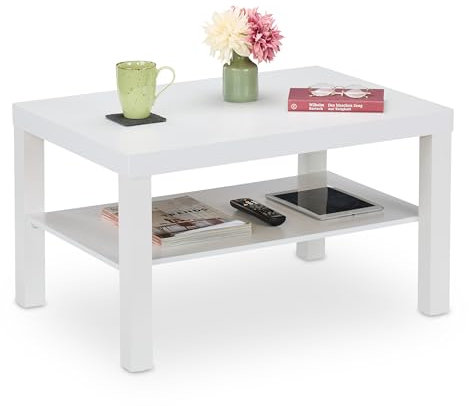 Relaxdays Couchtisch mit Ablage, H x B x T: 45 x 79 x 55 cm, Stauraum, MDF, Wohnzimmer, rechteckiger Kaffeetisch, weiß