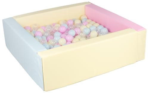 Velinda Piscine à balles carrée avec 300 balles, Cuir écologique, 5 éléments (Couleur de la Piscine/de balles: Rose, Bleu, Jaune (Pastel)/Transparent, Rose (Pastel), Bleu (Pastel), Jaune (Pastel))