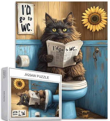 Schwarzes Maine Coon 1.000-teiliges Katzen-Puzzle mit sitzender Katze auf Toilettensitz, Zeitung lesend für Erwachsene, 68,6 x 50,8 cm, farbiges Puzzle für Hausdekoration, Geschenke