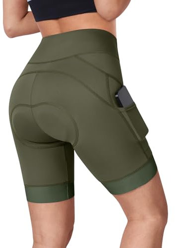 BERGRISAR Fahrradhose Damen Gepolstert Radlerhose Radhose mit 4D Sitzpolster Atmungsaktiv Elastische Armeegrün M