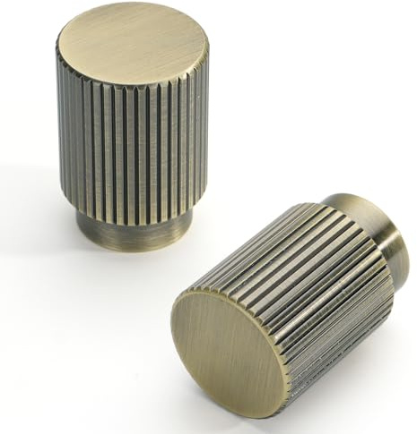 FURNIWARE 10 Pack Shiny Antique Brass Cabinet Knobs, Vertical Lines Design, Bronze 20mm Round Head, Vintage Aluminium Pull Handles, Retro Door Knob for Kitchen Cupboard, Dresser, Wardrobe