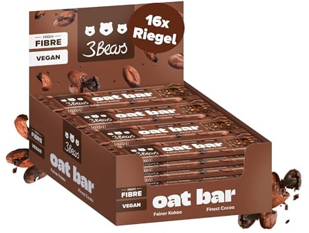 3Bears Oat Bar Feiner Kakao 16x45g - kaltgepresster Müsliriegel saftig statt bröselig - Hafer-Kakao-Riegel vegan ohne Industriezucker - ballaststoffreich für unterwegs